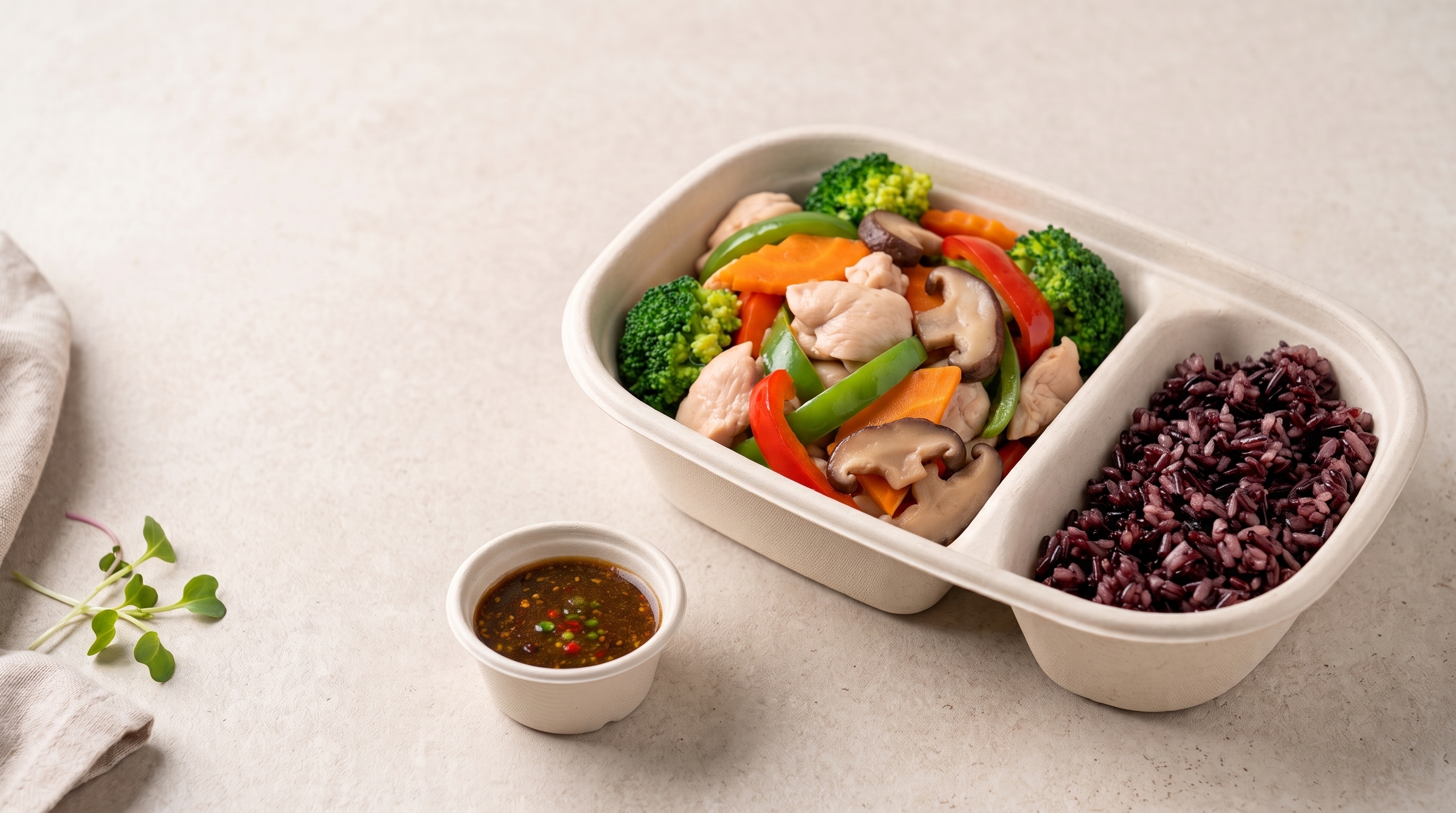 CHOY plate: freshly blanched vegetables, velveted chicken, and purple rice with sauce on the side